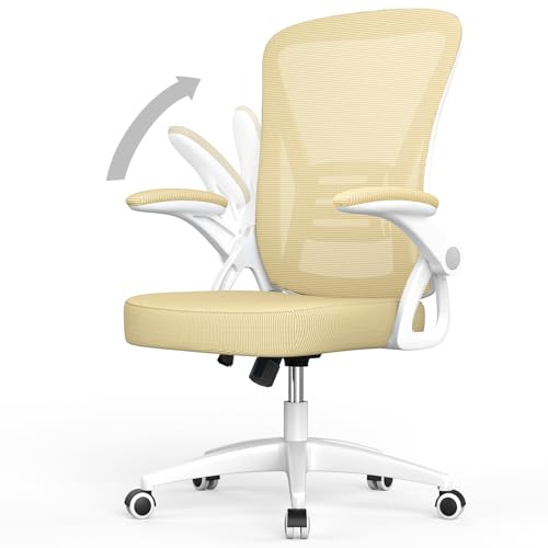 rattantree Office Chair, Mid Back Ergonomic Desk Chair with Flip-up Armrest, Computer Swivel Chair with Back Support, Adjustable Conference Executive Manager Chair for Home/Office Use-Yellow