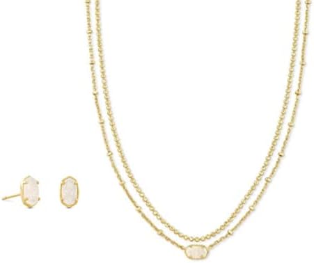 Kendra Scott Gift Bundle, Emilie Stud Earrings and Multi-Strand Necklace for Women, Fashion Jewelry, 14k Gold Plated, Iridescent Drusy