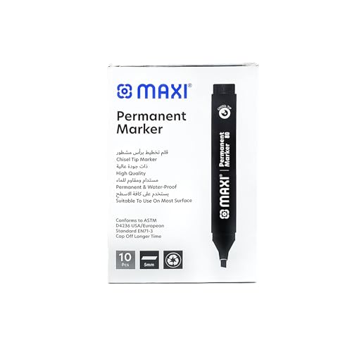 Maxi Permanent marker with Chisel tip 10pc Black. Suitable to use on most surfaces. Mark and write on any non-porous surface such as wood glass plastic or cardboard.