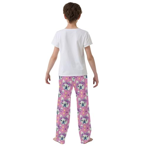 Cute Dog Puppy Flowers Long Pajama Pants Elastic Waist PJ Bottoms with Pockets S A1134634