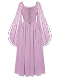 Scarlet Darkness Renaissance Costume Women Pirate Dresses Bell Sleeve Medieval Ren Faire Dress with Pockets Pink Purple XL