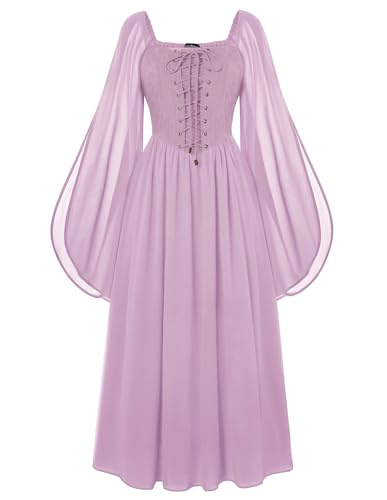Scarlet Darkness Renaissance Costume Women Pirate Dresses Bell Sleeve Medieval Ren Faire Dress with Pockets Pink Purple XL