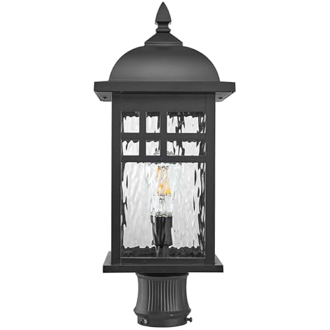Outdoor Post Lights Black Exterior Pillar Lamp Aluminum Lamp Body and Water Ripple Glass Shade 22 Inch Height Outdoor Post Lighting Fixture for Yard Pathway and Driveway