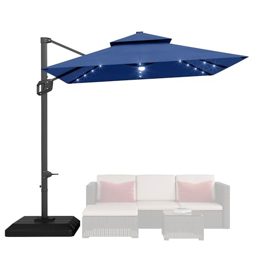 10' x 10' Heavy Duty Cantilever Patio Umbrella with Solar LED Lights & Weighted Base, 2-Tier Square Aluminum Offset Umbrella with 360-Degree Rotation for Backyard, Deck, Pool, Navy Blue