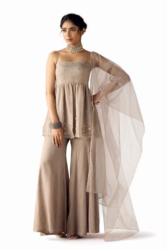 Image of FIORRA Women Grey Crush Organza Hand Work A-Line Kurta Set with Dupatta