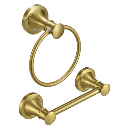RUMOSE Toilet Paper Holder and Hand Towel Ring Brushed Gold Wall Mount Bathroom Hardware Accessories 2 PCS Set Flexible Pivoting Toilet Tissue Roll Holder and Towel Hanger, Stainless Steel by RUMOSE - Used condition - US$27.20