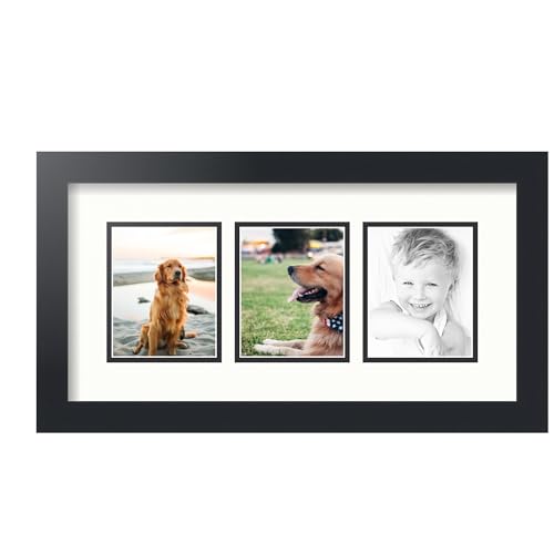 ArtToFrames Collage Picture Frame 3 Opening 3-4x5 Photo Frame | Made in USA | Black Frame Fabric White and Black Mats | Wall Mount Multi Photo Display 20X11 Full Size