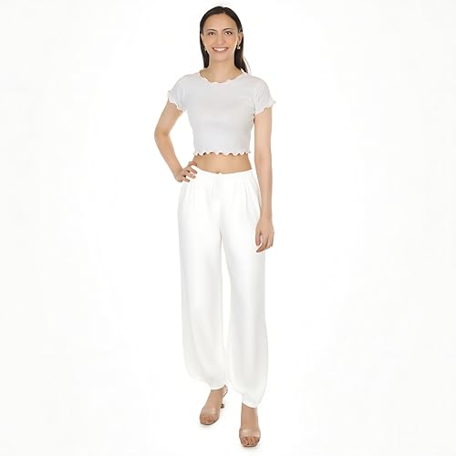 Image of Women's Rayon Palazzo Pants | Solid Color Wide Leg Trousers in 18 Shades | Elastic Waist Casual Bottoms XS-7XL | Comfortable