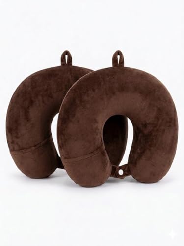 Image of Ultra Soft Travel Neck Pillow with Hanging Loop Snap Button Closure for Home Office and Airplane Flight, Bus, Car, Train Travelling Use [Brown] (Pack of 2)
