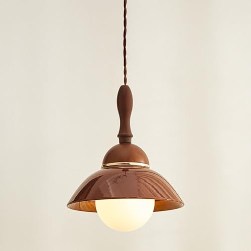 Lustre suspendu vintage en céramique brune et bois