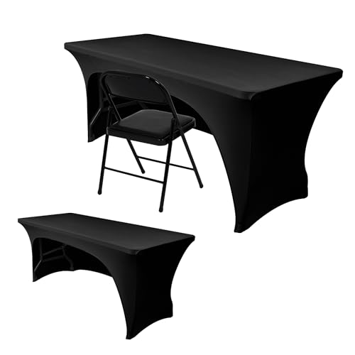 Nasitos 2 Pack Black Table Cloth 6 Foot-Spandex Fitted Tablecloth Rectangle Tables, Open Back Stretch Folding Trade Show Table Covers Fabric Washable & Wrinkle Resistant for Parties, Wedding, Event