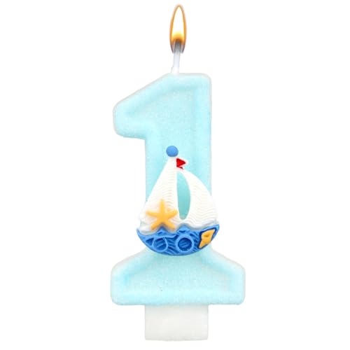 Tema Surf Numero 1 Candela di Compleanno, Blu Glitter Decorazione per Torta per Bambini 1° Compleanno Oceano e Mare Decorazione Feste Nautico Baby Shower Forniture (Barca a Vela)