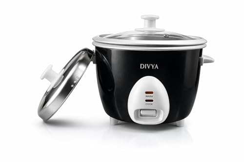 Image of DIVYA 1.0 L Drum Electric Rice Cooker for Home | 400 W | Double Pot Anodised Aluminium | Glass & Stainless Steel Lid | Cook & Keep Warm Function | Compact Rice Cooker | Black