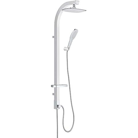 Duschset Wellness Duschkopf mit Antikalk-Noppen | Duschstange eckig aus Aluminium Farbe Weiß mit Seifenschale | eckige Handbrause mit Metall Duschschlauch Cover