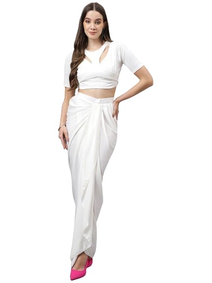 Image of Women's Modern Traditional Pre-Stitched Satin Saree with Modern Crop Top Blouse - Elegant Black Draped Sari for Parties and Special Occasions