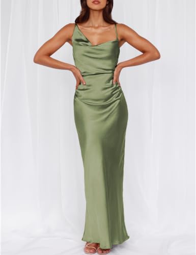 Image of Formal Satin Silk Spaghetti Strap Maxi Dresses for Women Wedding Guest