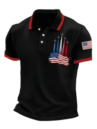 Men's American Flag Fighter Jet Printed Polo Shirt Independence Day Patriotic Tee