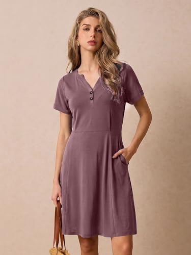 AUMORA Summer Dresses for Women 2026 Casual T Shirt Dress V Neck Short Sleeve with Pockets Loose Beach Vacation Dress Purple — view 2
