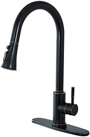 PHICHI Oil Rubbed Bronze Kitchen Faucet with Pull Down Sprayer, High Arc Stainless Steel Pull Out Single Handle 1 Or 3 Hole Sink Faucets with Deck Plate and Hot & Cold Water Supply Lines