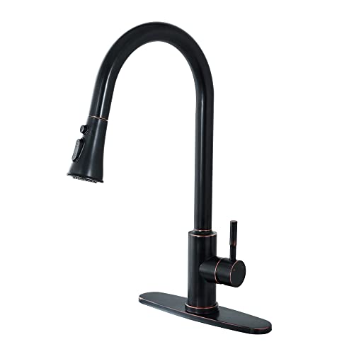 Phichi Oil Rubbed Bronze Kitchen Faucet With Pull Down Sprayer, High Arc Stainless Steel Pull Out Single Handle 1 Or 3 Hole Sink Faucets With Deck Plate And Hot & Cold Water Supply Lines #TOP24