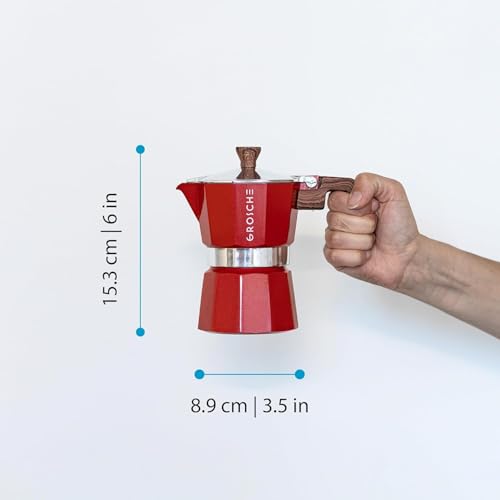 Image of GROSCHE Milano Stovetop Espresso Maker Moka Pot 3 espresso Cup, 5 oz Red | Cuban Coffee Maker And Italian Moka Pot For Stovetop Espresso; For Gas, Electric, And Propane Stoves With A Soft-Touch Handle