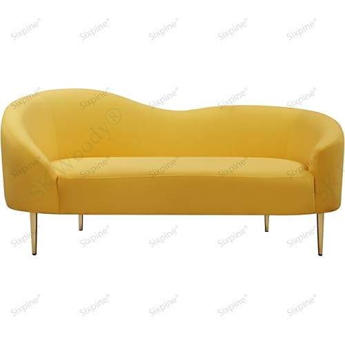 Image of Rosewood Luxury Curved Sofa in Premium Velvet-Fabric | Solid Wood Structure | High Density Foam | Sturdy Golden Legs | Comfortable & Stylish Couch for Modern Living Room (Yellow, 2 Seater)