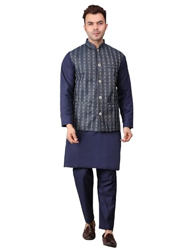 Image of Men's Cotton Silk Blend Regular Kurta Pyjama, Embroidered Nehru Jacket /Waistcoat Set