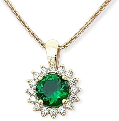 Round Cut Emerald Necklace, 14k Solid Gold Halo Necklace, Emerald Gold Pendant, Christmas Gift, Birthday Gift, Valentines Day Gift (55, Yellow Gold)