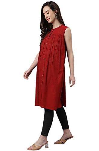 Image of Janasya Women's Maroon Dobby Cotton Solid Gathered Tunic