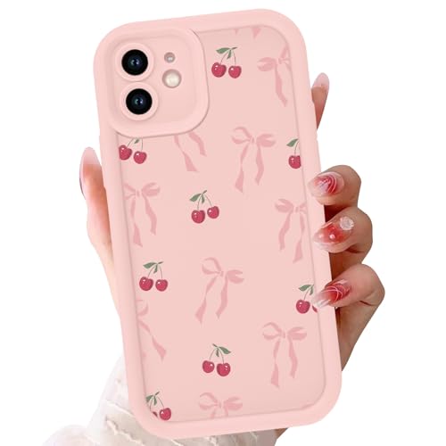 Phoona Case for iPhone 11 6.1 Cute Aesthetic Design Bow Cherry Preppy Pattern Silicone Soft TPU Shockproof Protective Camera Cover Phone Case for Girls Women Pink Bow