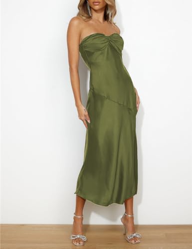 Image of VUBIYA Women's Summer Satin Strapless Slit Halter Midi Dress Wedding Guest