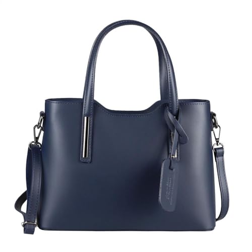 OBC Made IN Italy Damen Echt Leder Tasche Business Shopper Schultertasche Handtasche Ledertasche Umhängetasche Rindsleder Freizeittasche Blau