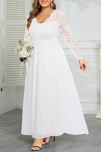 Image of Talisea Plus Size Formal Wedding Dresses - Gowns Evening Prom Elegant V Neck Long Sleeve Lace Chiffon Long Maxi Dress