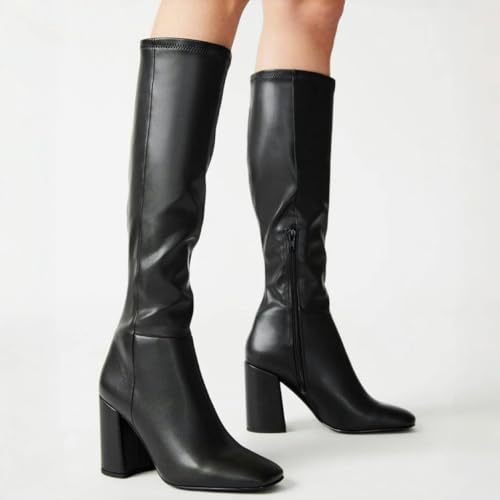 Women's Knee High Boots Faux Leather Square To Tall Boots Fashion Chunky Block Heel Long Boots with Side Zip4