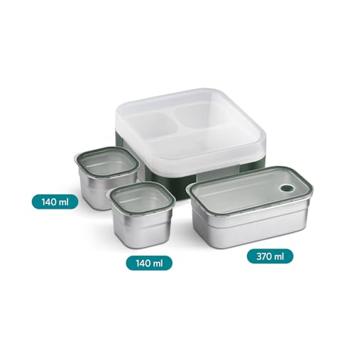 Image of VAYA Tydbyt Lunch Box with Essential Tote Bag Combo, 3 Stainless Steel Containers, Slim Travel-Friendly Tiffin Box for Office & School, Lightweight Polyester with Detachable Pouch, Green