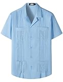JOGAL Mens Guayabera Shirts Cuban Short Sleeve Casual Button Down Beach Shirt Denim Blue Large