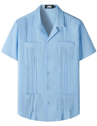 JOGAL Mens Guayabera Shirts Cuban Short Sleeve Casual Button Down Beach Shirt Denim Blue Large
