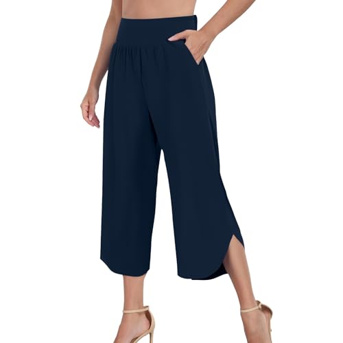 Generico Pantalones de verano para mujer de lino elegantes pierna ancha con bolsillos de cordón de color liso pantalones 7/8 ligeros informales pantalones Palazzo suaves pantalones para el tiempo