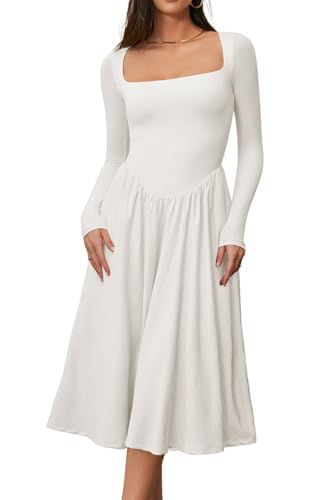 CHYRII Womens White Dress Spring Fashion 2025 Square Neck Long Sleeve Casual A-Line Midi Dress S