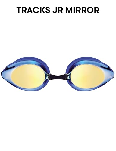 ARENA Tracks Unisex Junior Youth Essential Racing Swim Goggles Kids Swimmers Young Racers Anti-Fog Coated Mirror Lens, Yellow Copper/Blue