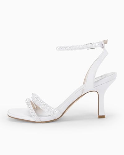 Image of Coutgo Womens Pearl Kitten Heels Sandals Square Open Toe Dress Sandals Ankle Strap Satin Wedding Party Summer Sandals