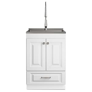 SIMPLIHOME Lawrence All-in-One 24-inch Utility Sink & Cabinet, Pure White, Laundry Cabinet, Stainless Steel Sink, Brushed Nickel Faucet, with Drawer SIMPLIHOME Lawrence All in One 24 inch Utility Sink Cabinet Pure White Laundry Cabinet Stainless Steel Sink Brushed Nickel Faucet with Drawer