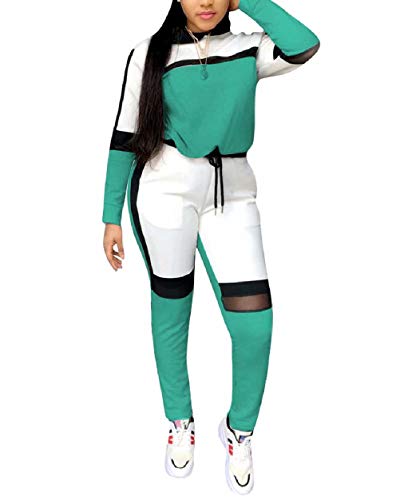 Women's Casual Sweatsuit Two Piece Outfits Patchwork Net Color Block Pocket Hooded Top Pant Set Jogger Tracksuit Green S #TOP1