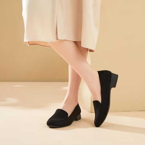 Image of FINIWOR Womens Chunky Low Heel Pumps Suede Dress Flats Shoes