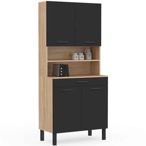 IDMarket - Cocina buffet de 80 cm CINA 4 puertas + cajón en imitación de madera de haya y negro