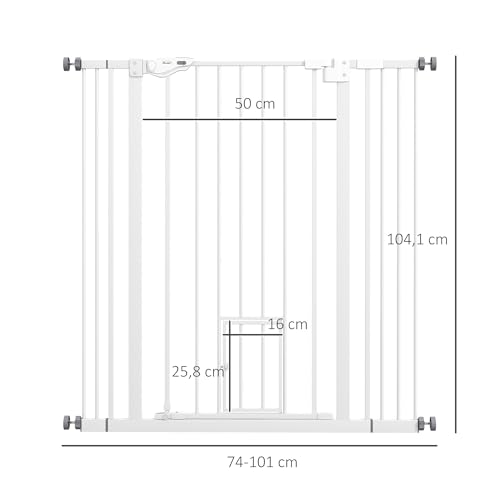 PawHut Treppenschutzgitter Türschutzgitter Ohne Bohren 74-101cm Kinderschutzgitter mit Katzenklappe Auto-Close Einhand Öffnung doppelte Verriegelung Türgitter für Kinder Haustier für Treppe Tür Weiß