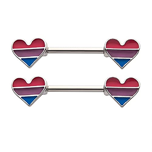 Pierced Owl 14GA Pink Purple and Blue Striped Heart Shaped Bisexual Pride Nipple Barbells, Sold as a Pair