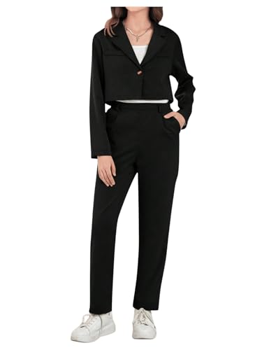 Image of Milumia Girl's 2 Piece Outfits Lapel Collar Button Open Front Long Sleeve Blazer and Pants Set Black 14 Years