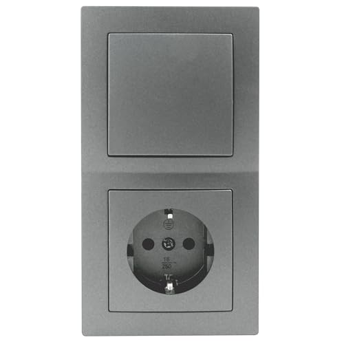 MC POWER - Flair – Juego de enchufes e interruptores de pared | puerta de 2 enchufes | 3 piezas | interruptor de protección de contacto con marco antracita, mate