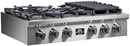 FORNO Spezia 36" Inch. Drop-In Range Top with 6 Sealed Dual Brass Burners - Stainless Steel Stove Top Heavy Duty Continuous Cast Iron Grates with Auto-ignition, Griddle, Wok-Ring and LP conversion